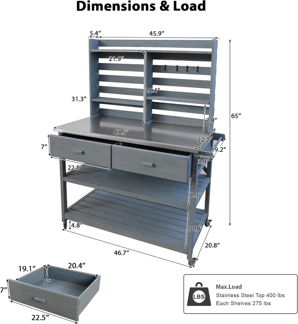 64.9" H Outdoor Potting Bench Table with Lockable Wheels, Solid Wood Outdoor Cabinet with Upper Hutch, Towel Rack,Outdoor Storage for Lawn Garden, Grey Blue