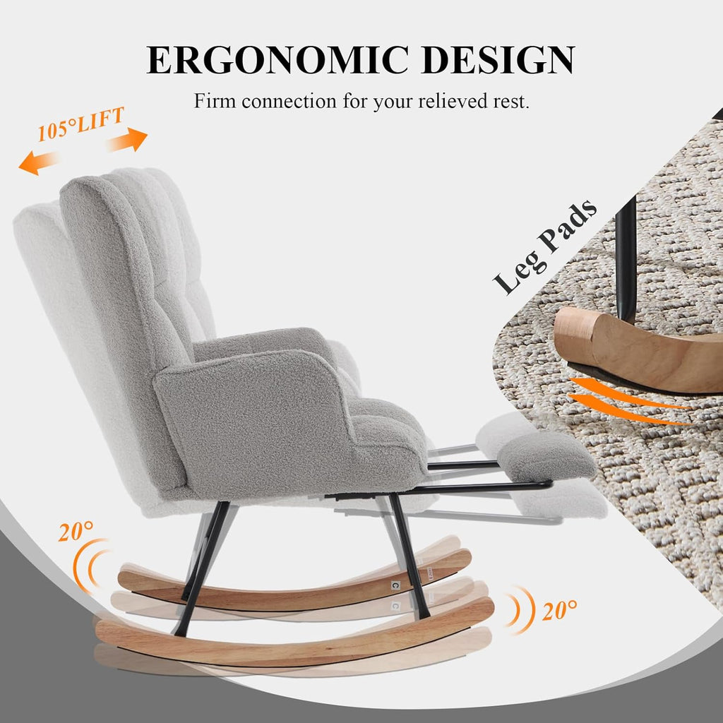 Nursery Rocking Chair with Footrest, Teddy Upholstered Glider Rocker with Side Pocket, Leisure Rocker Chair with High Back, Recliner Rocking Chair, Accent Reading Chair for Bedroom (Grey)