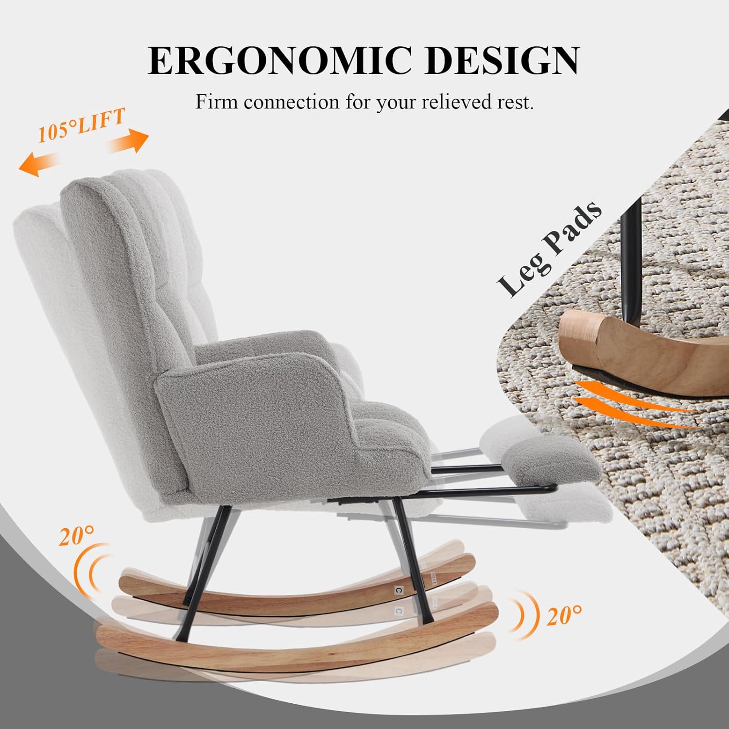 Nursery Rocking Chair with Footrest, Teddy Upholstered Glider Rocker with Side Pocket, Leisure Rocker Chair with High Back, Recliner Rocking Chair, Accent Reading Chair for Bedroom (Grey)