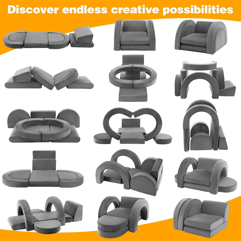 PY HOME & SPORTS Kids Modular Sofa Play Set, 7-Piece Creative Foam Couch for Children, Soft Coral Fleece, Multiple Configurations, Improves Hands-On Skills & Imagination, Compressed Packaging
