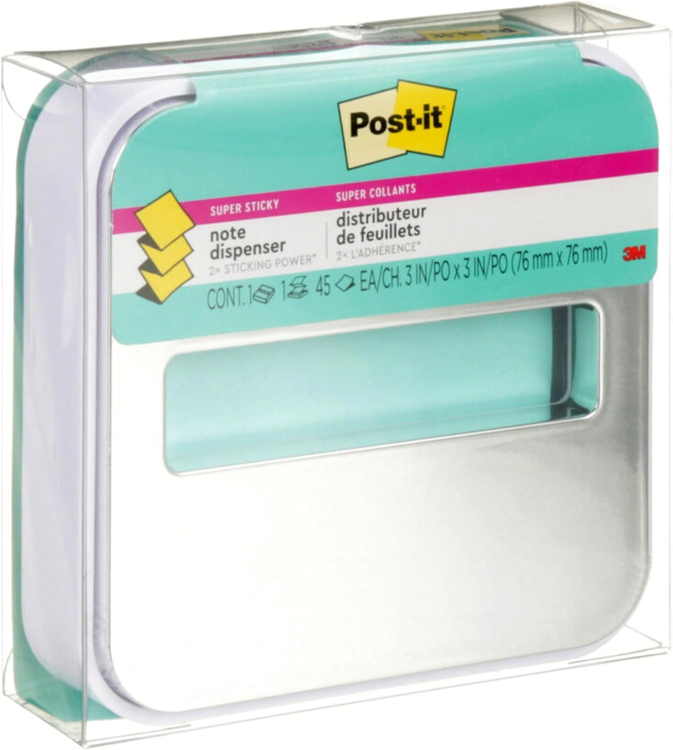 Post-it Note Dispenser, Sticky Note Holder, White Base with Steel Top, Includes 1 pad of 45 Sheets of 3 in x 3 in Aqua Splash Pop-Up Notes, Classroom or Office Supplies