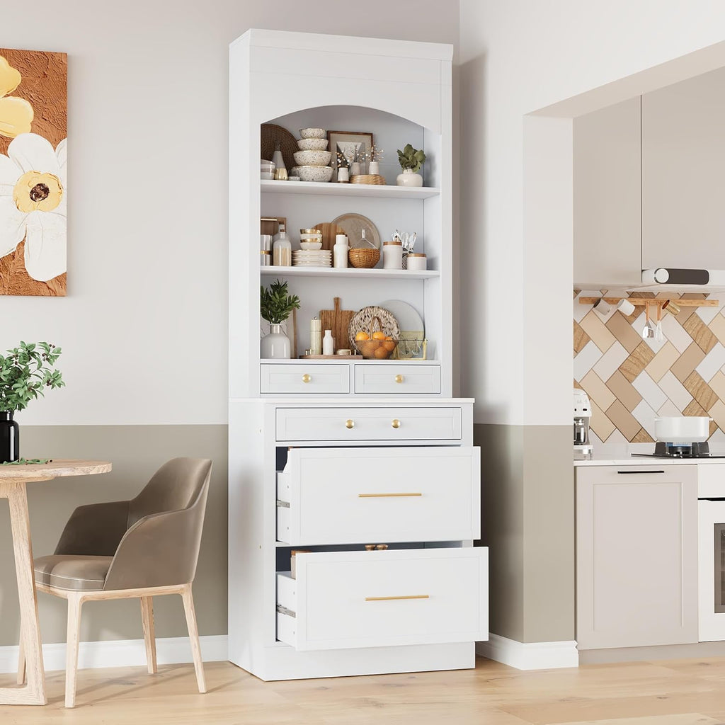 LUMISOL 83.7” Kitchen Pantry, Freestanding Tall Kitchen Hutch with Faux Marble Top, Display Cupboard Cabinet with 5 Storage Drawers and Adjustable Shelf, Storage Cabinet for Kitchen Dining Room, White