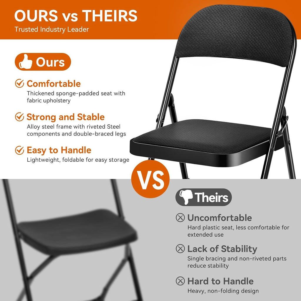 Folding Chairs with Cushion 2 Pack Black Padded Seat Metal Frame with Backrest Portable Folding Chair Lightweight Foldable Chair for Home Office Party Event Seating