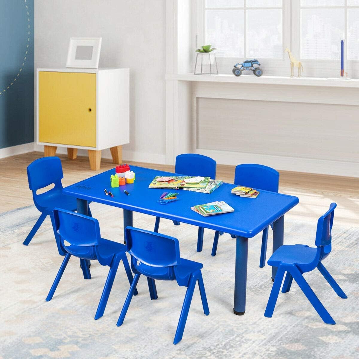 Costzon Plastic Stackable School Chairs, 6 Pack, Kids Learning Chairs with 11 inch Seat Height, Carrying Handle, Waterproof Children Chairs for Playrooms, Schools, Daycares and Home (6 Pack, Blue)