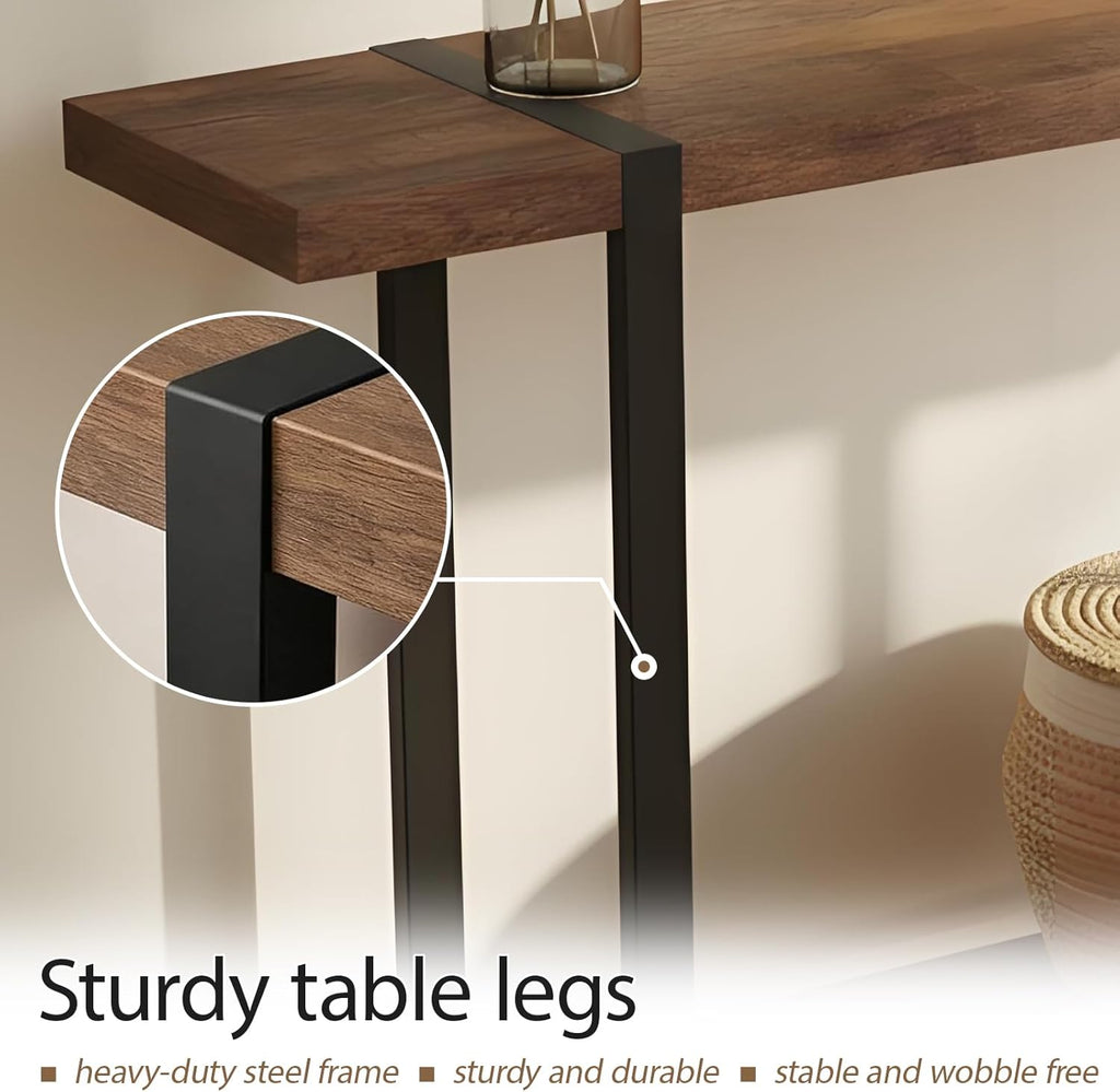 Narrow Console Table, 1.8" Thick Solid Wood Entryway Table for Small Spaces, Heavy Duty 2-Tier Sofa Table, Industrial Metal Frame Hallway, Accent Table for Entrance, Living Room