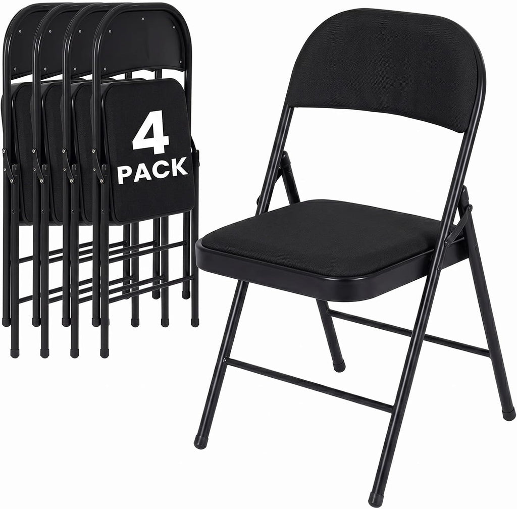 4 Pack Folding Chairs, Fabric Dining Chair Set with Padded Cushion and Back, Indoor Outdoor Seat for Home Office, Parties, Events, Wedding, Extra Guest Seating, Obsidian Black