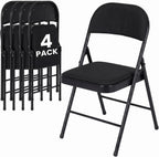 4 Pack Folding Chairs, Fabric Dining Chair Set with Padded Cushion and Back, Indoor Outdoor Seat for Home Office, Parties, Events, Wedding, Extra Guest Seating, Obsidian Black