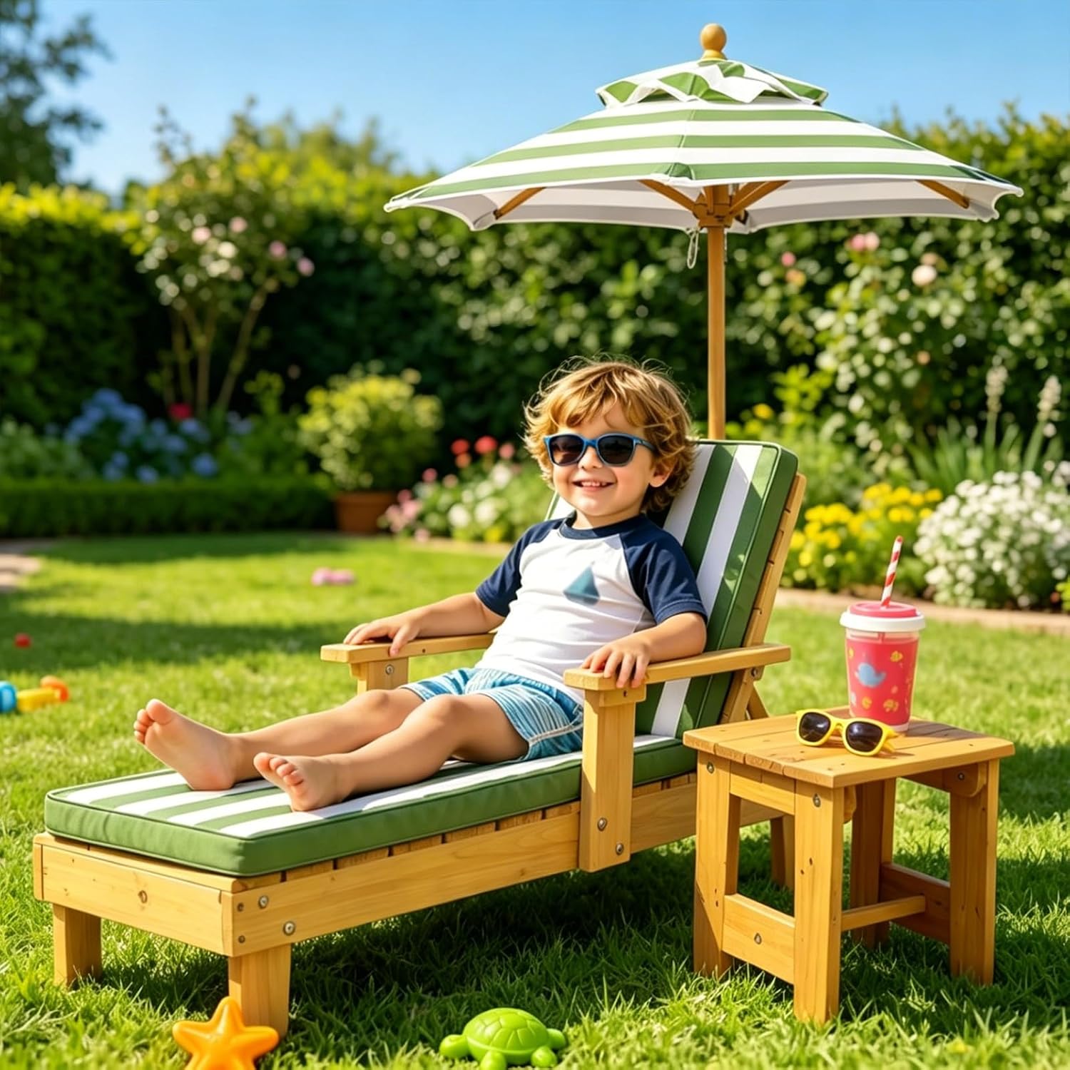 Kids Lounge Chair Outdoor, Toddler Wood Double Pool Lounger Chairs w/Canopy, Removable Stripped Fabric Cushions, Shaded Comfort for Kids Room or Patio Lounge Use(Green)