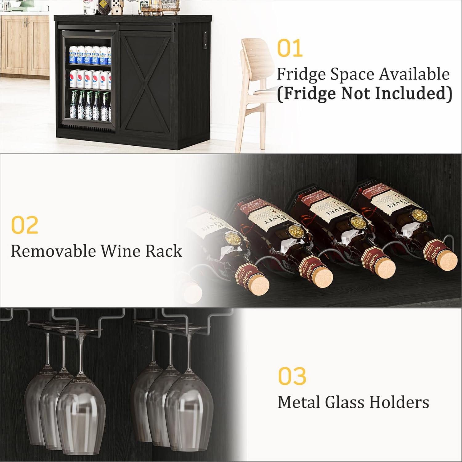 Coffee Bar Cabinet with Mini Fridge Space, 49.2'' Farmhouse Kitchen Buffet Hutch with Power Outlet, Fridge Cabinet with Sliding Barn Door, Wine Rack, Glass Holder for Kitchen Dining Room (Black)