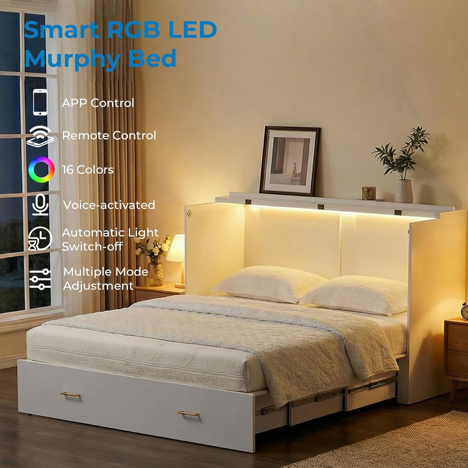 Mjkone Queen Size Murphy Cabinet Bed with RGB LED Lights, High Gloss MDF Murphy Beds with Tri-Folding Mattress Included, Convertible Chest Cabinet Bed with Storage Drawers for Small Spaces, White