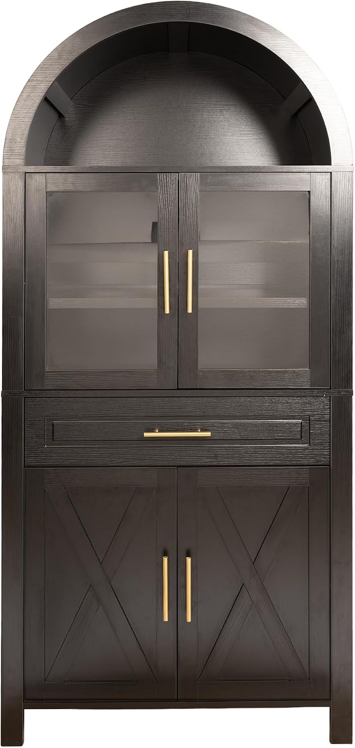 71 Inch Tall Arched Pantry Cabinet with Glass Door, Farmhouse Kitchen Pantry with Adjustable Shelves & Barn Door for Living Room Dining Room (Black)