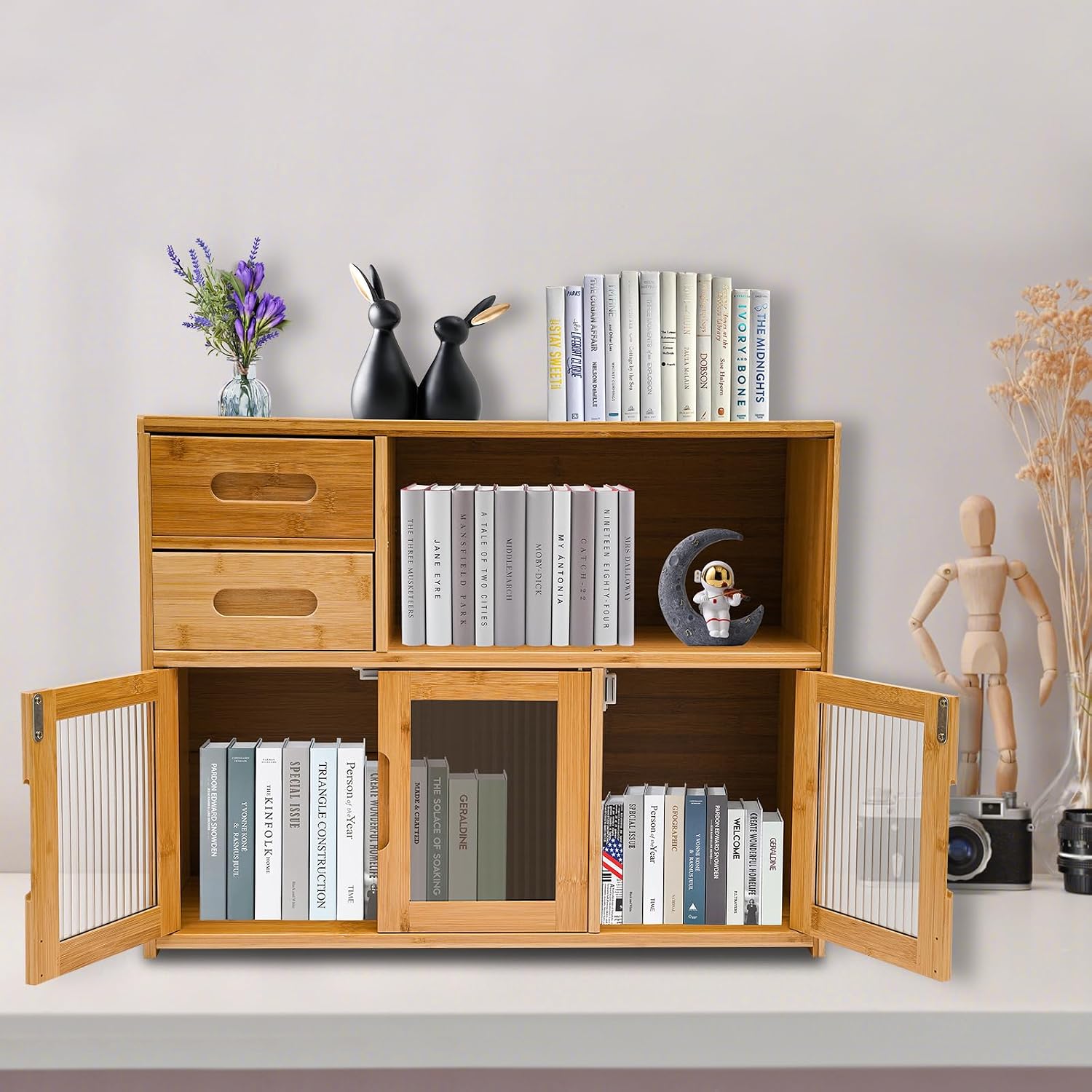 Small Bamboo Kitchen Pantry Sideboard, with Two Drawers, One Open Space, Large Bottom Space with Doors, Freestanding Countertop Storage Cabinet for Bottles, Dish, Bowl, Console
