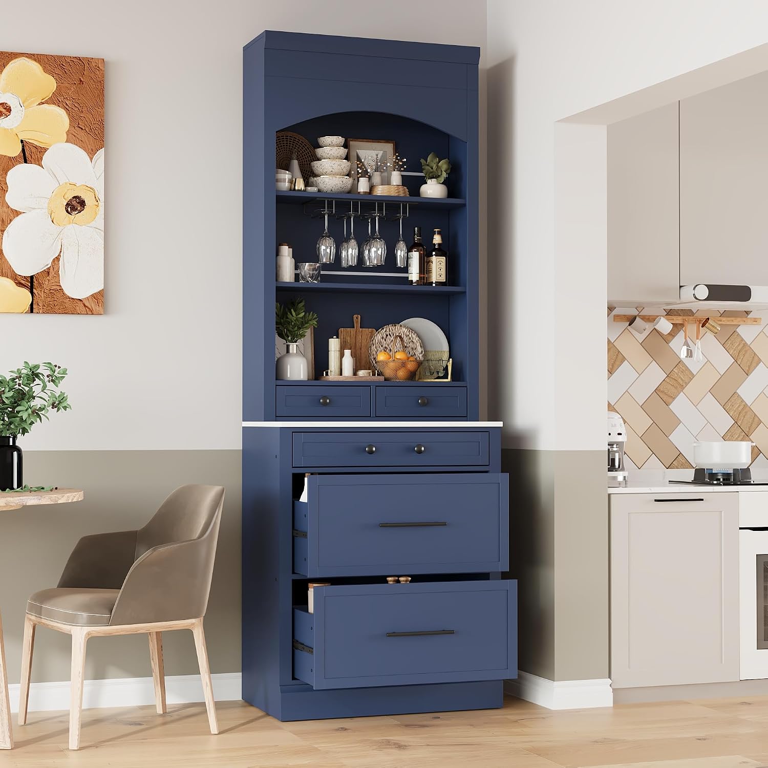 LUMISOL 83.7" Freestanding Tall Kitchen Pantry with 5 Drawers and Glass Holders, Modern Kitchens Storage Cabinet with Adjustable Shelf and Faux Marble Top, Wooden Kitchen Hutch, Blue