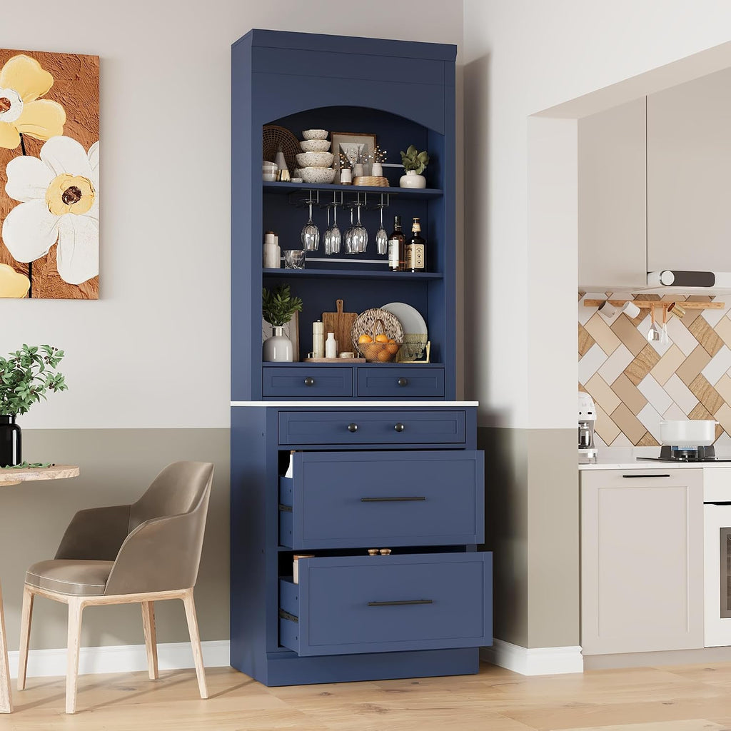 LUMISOL 83.7" Freestanding Tall Kitchen Pantry with 5 Drawers and Glass Holders, Modern Kitchens Storage Cabinet with Adjustable Shelf and Faux Marble Top, Wooden Kitchen Hutch, Blue