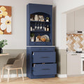SOFTSEA Kitchen Pantry Storage Cabinet with Faux Marble Top, Buffet Kitchen Hutch with 5 Storage Drawers, Adjustable Shelf and Glass Holders, Blue