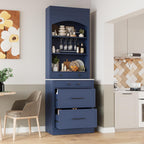 SOFTSEA Kitchen Pantry Storage Cabinet with Faux Marble Top, Buffet Kitchen Hutch with 5 Storage Drawers, Adjustable Shelf and Glass Holders, Blue