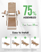 Chaise Lounge Outdoor, Lounge Chair Outdoor with Wood Texture, Adjustable 5-Position Backrest, HDPE Lounge Chair with Wheels & Cup Holder for Pool Deck Backyard, Teak