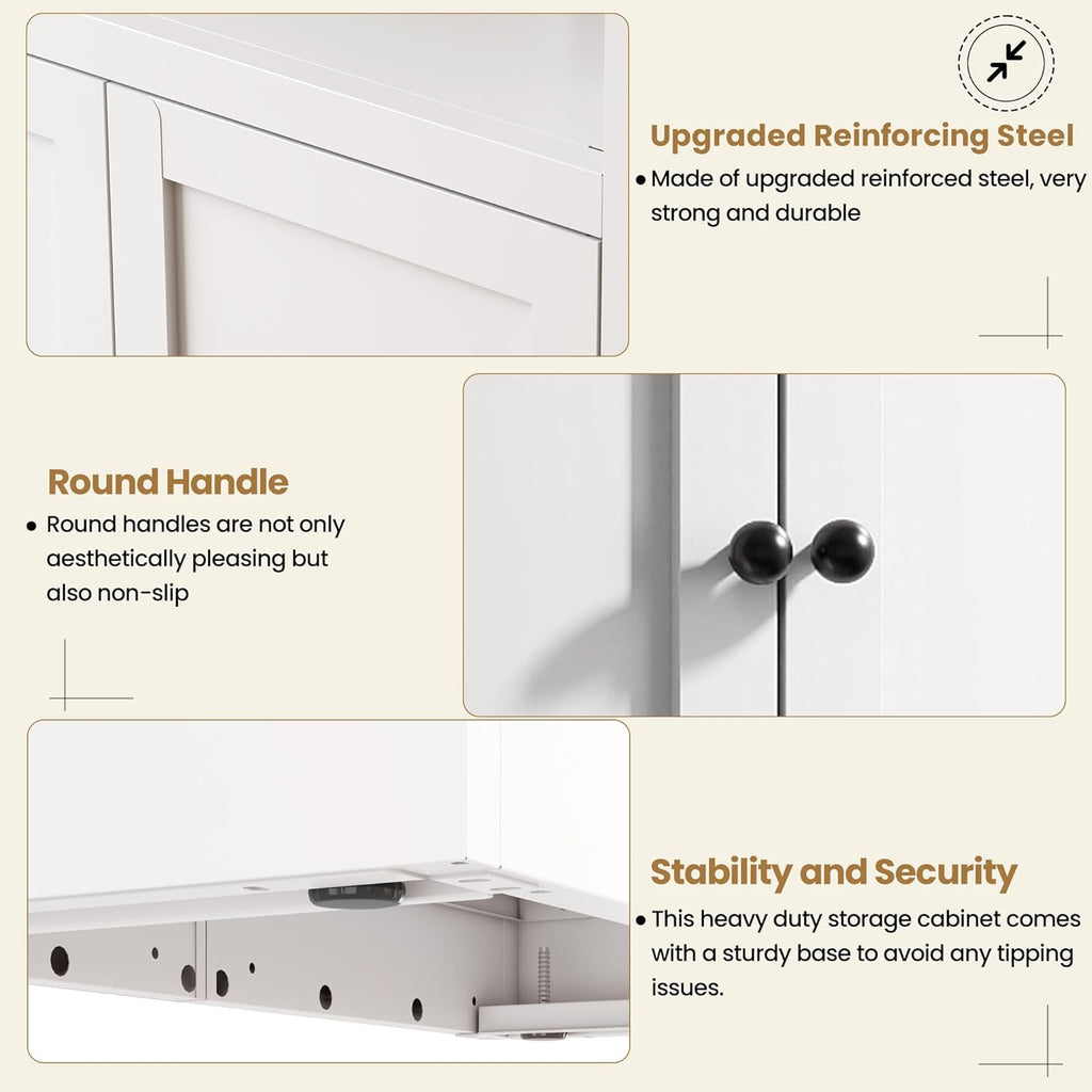 Kitchen Pantry Storage Cabinet, 34" H Storage Cabinet with Doors and Adjustable Shelves, Small Cupboard with Round Handles, Metal Kitchen Cabinet for Dining Room, Living Room, White