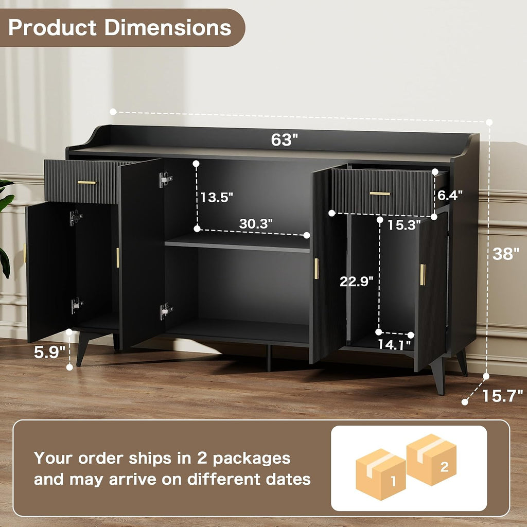 Sideboard Buffet Cabinet with Storage: 63" Black Credenza Storage Cabinet with Drawers, Modern Tall Fluted Buffet Cabinets with 4 Doors for Living Room and Kitchen (63")