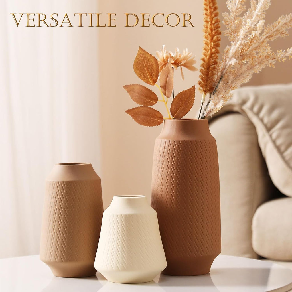 Joeabor Ceramic Vase Set of 3 - Handcrafted Ceramic Vases for Home Decor & Shelf - Modern Farmhouse Decor for Kitchen, Office, Bedroom & Living Room Decorative Objects for Mantel, Table Centerpieces