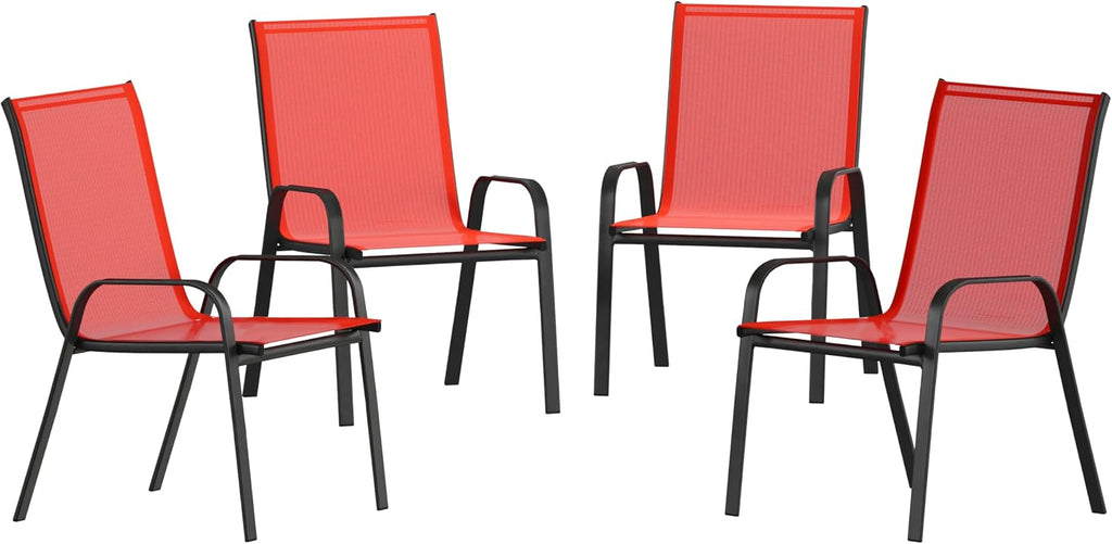 EMMA + OLIVER Alsek Patio Barstools - Powder Coated Steel Frames - Red Textilene Seats - Improved Air Circulation - Integrated Footrests - Set of 4