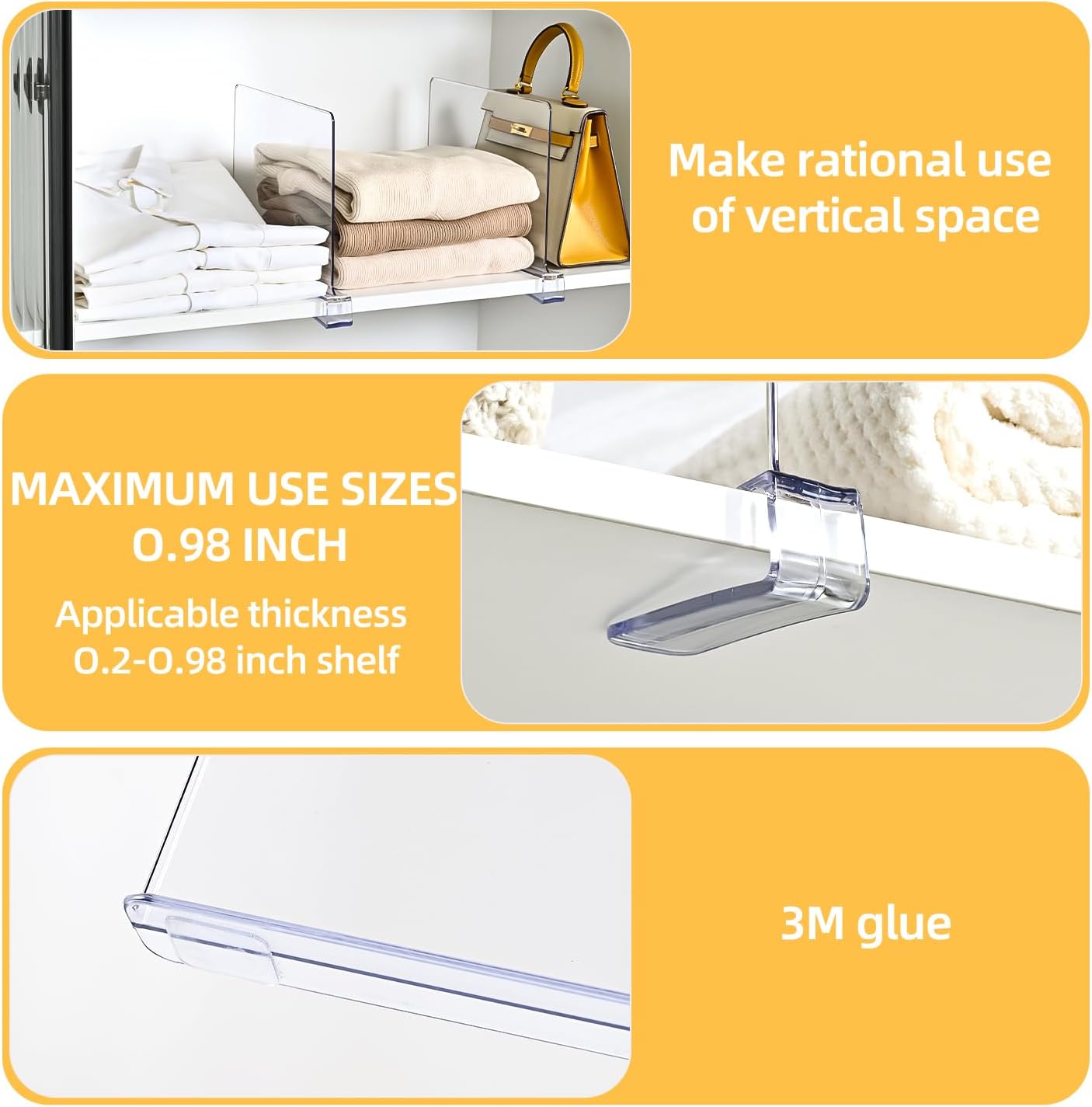 Shelf Dividers，Vertical Purse Organizer for Closet，Thickened and Sturdy Shelf Organizer for Sweater, Shirts, Handbags,8" Tall x 11" (6 Pcs)