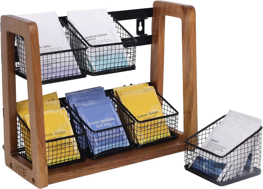 HTB 2 Tier Tea Organizer for Tea Bags with 6 Removable Metal Baskets | Acacia Wood Tea Bag Holder for Sugar Packets, Sweeteners, Creamers,Tea Bag Box Caddy for Cabinet, Counter,Office Wall-mounted