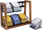 HTB 2 Tier Tea Organizer for Tea Bags with 6 Removable Metal Baskets | Acacia Wood Tea Bag Holder for Sugar Packets, Sweeteners, Creamers,Tea Bag Box Caddy for Cabinet, Counter,Office Wall-mounted