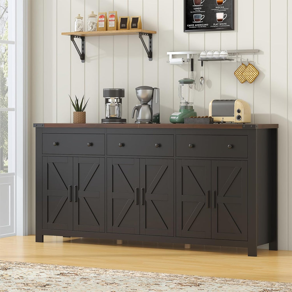 VVFLU 71" Large Sideboard Buffet Cabinet with Storage, Farmhouse Coffee Bar with 3 Drawers and 6 Barn Doors, Long Wider Storage Cabinet, for Kitchen, Dining Room, Living Room, Black Wood