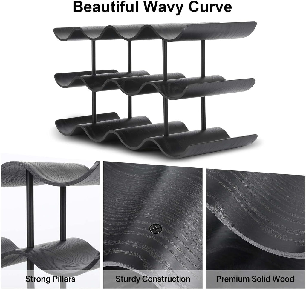 Countertop Wine Rack - 12 Bottle Freestanding Wine Bottle Holder Stand - 3 Tier Wooden Wine Storage Rack - Black Wavy Wine Organizer for Cabinet Pantry Home Kitchen Bar