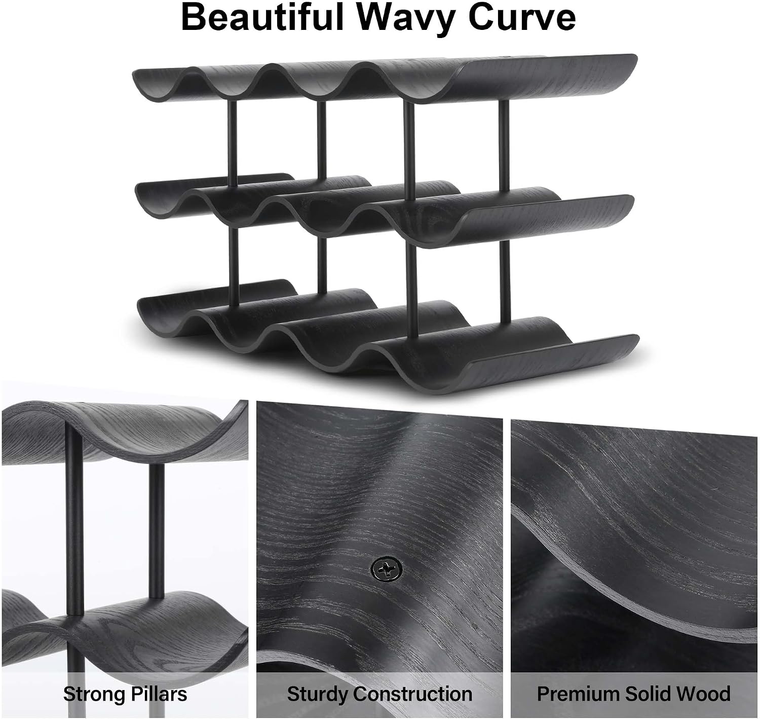 Countertop Wine Rack - 12 Bottle Freestanding Wine Bottle Holder Stand - 3 Tier Wooden Wine Storage Rack - Black Wavy Wine Organizer for Cabinet Pantry Home Kitchen Bar