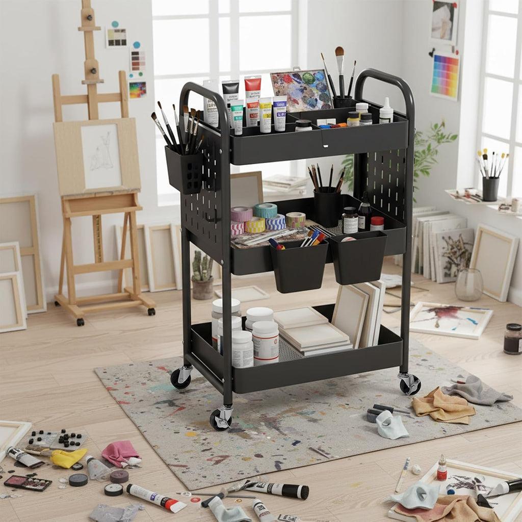 danpinera Craft Cart, Black Rolling Cart with Retractable Dividers & DIY Pegboards for Kitchen, Bedroom, Laundry