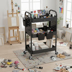 danpinera Craft Cart, Black Rolling Cart with Retractable Dividers & DIY Pegboards for Kitchen, Bedroom, Laundry