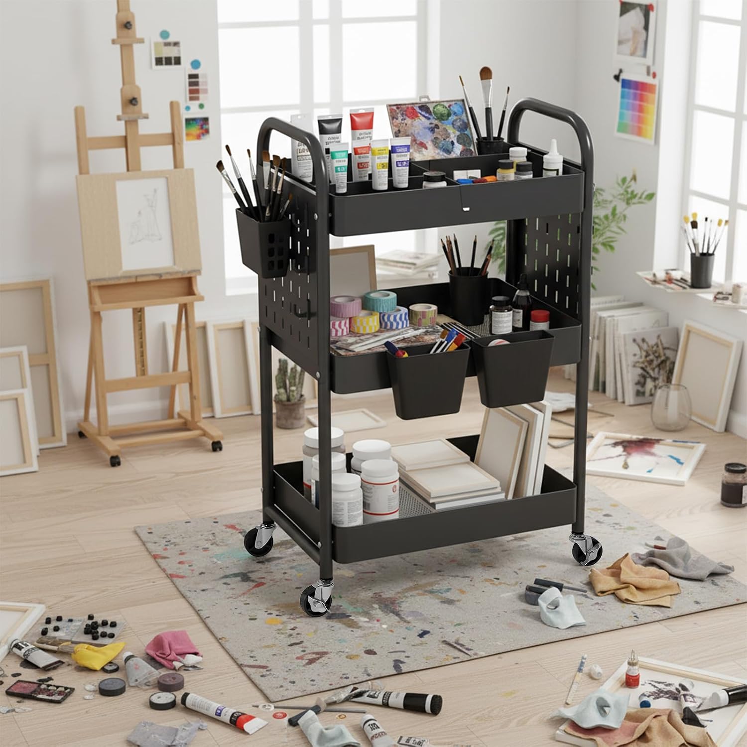 danpinera Craft Cart, Black Rolling Cart with Retractable Dividers & DIY Pegboards for Kitchen, Bedroom, Laundry