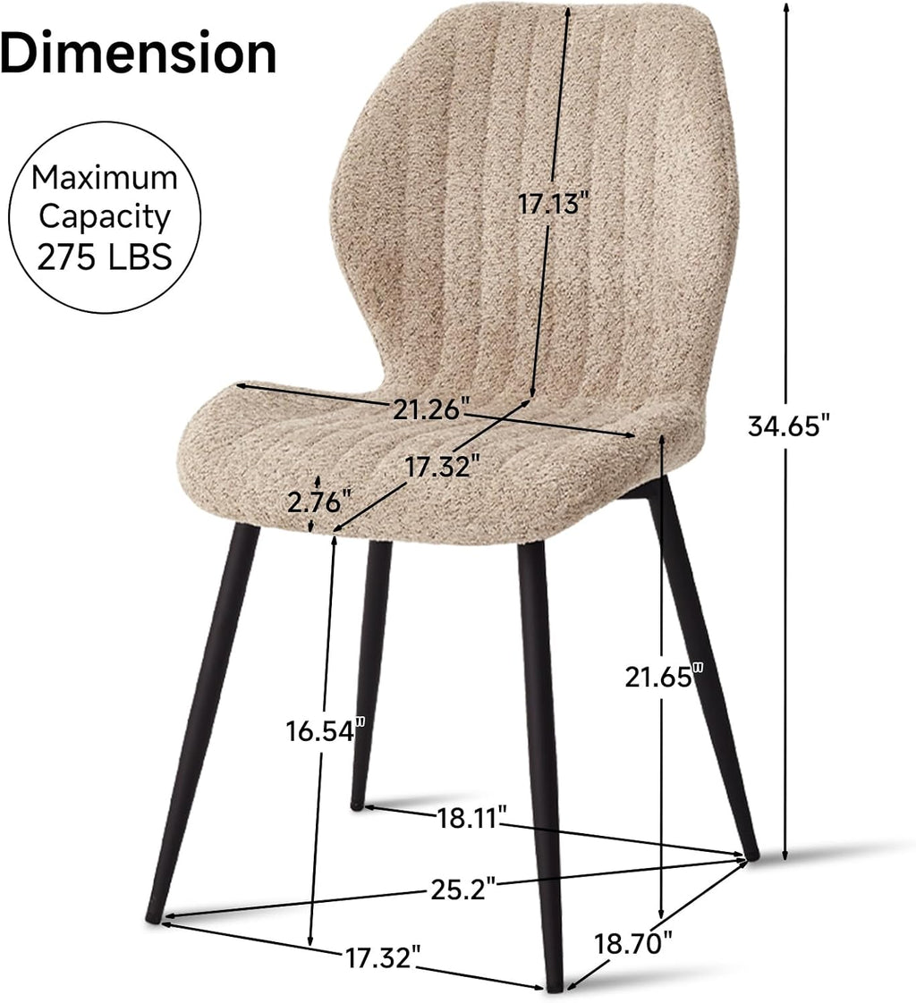 Set of 4 Boucle Dining Chairs – Modern Minimalist Upholstered Kitchen Chairs with Contoured Back and Metal Legs, Brown