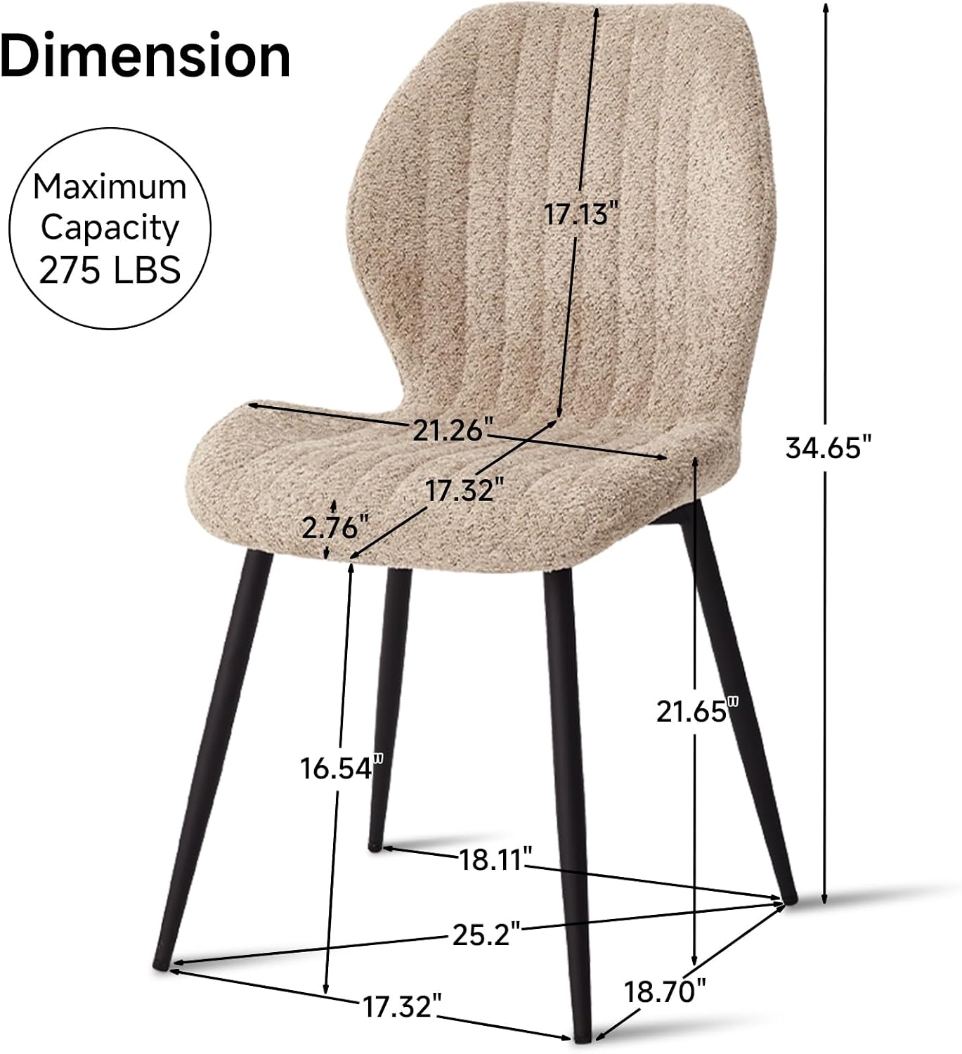 Set of 4 Boucle Dining Chairs – Modern Minimalist Upholstered Kitchen Chairs with Contoured Back and Metal Legs, Brown