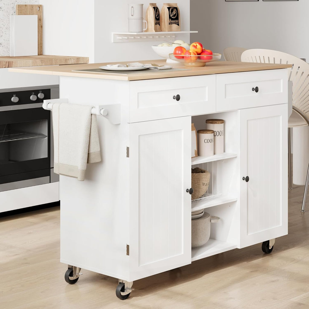 Furnify Kitchen Island with Wheels & Drawers, Kitchen Island Cart, White | Rolling Kitchen Island with Drop Leaf, Mobile Kitchen Storage Cabinet with Towel Rack & Spice Rack for Dining Room, Kitchen