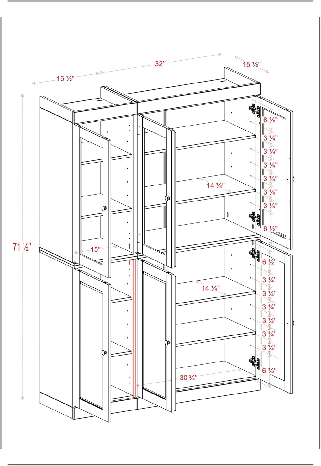 Palace Imports 100% Solid Wood 48.5"" Pantry Cabinet with Shaker, Clear Glass Doors, 2-Drawers & Adjustable Shelves
