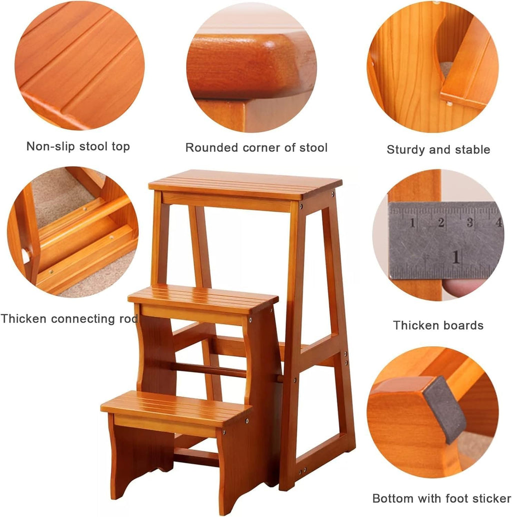 3 Step Solid Wood Folding Ladder Chair Portable Wooden Step Stool for Adults Office Home Kitchen Outdoor(Burgundy,77cm)