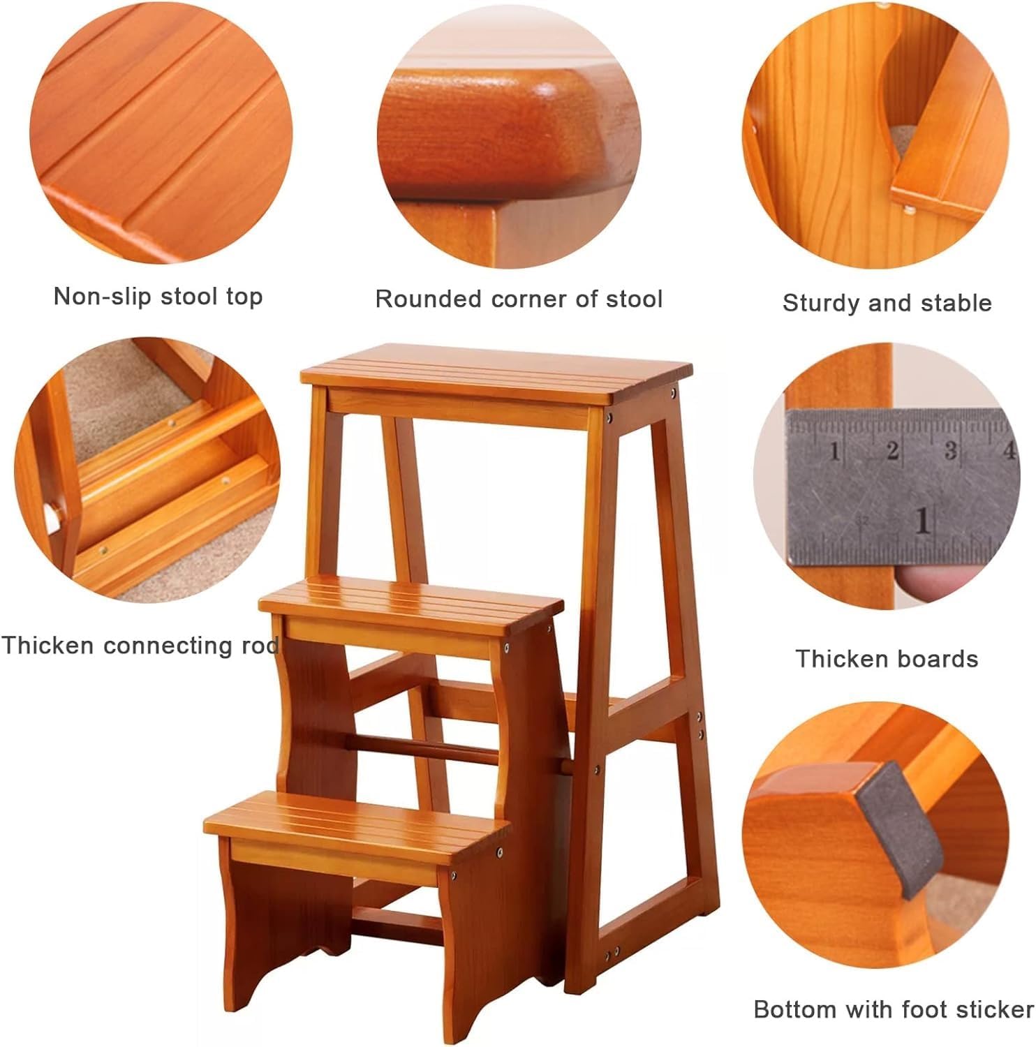 3 Step Solid Wood Folding Ladder Chair Portable Wooden Step Stool for Adults Office Home Kitchen Outdoor(Burgundy,77cm)
