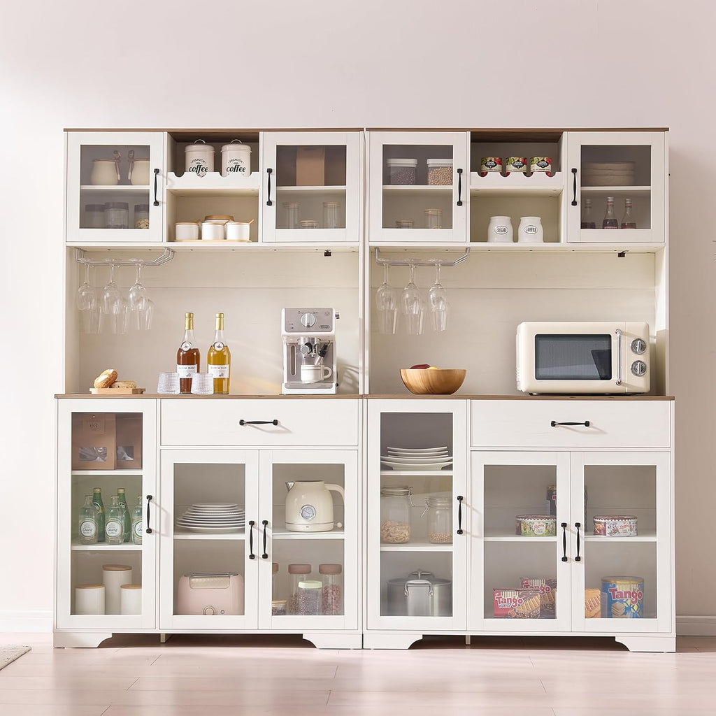 Fatmok 71" Tall Pantry Cabinet with Glass Doors, Kitchen Hutch Storage Cabinet, Coffee Bar & Liquor Cabinet with Charging Station & LED Lights, Wine Rack, Adjustable Shelves & Large Drawer, White
