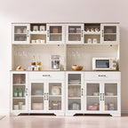 Fatmok 71" Tall Pantry Cabinet with Glass Doors, Kitchen Hutch Storage Cabinet, Coffee Bar & Liquor Cabinet with Charging Station & LED Lights, Wine Rack, Adjustable Shelves & Large Drawer, White