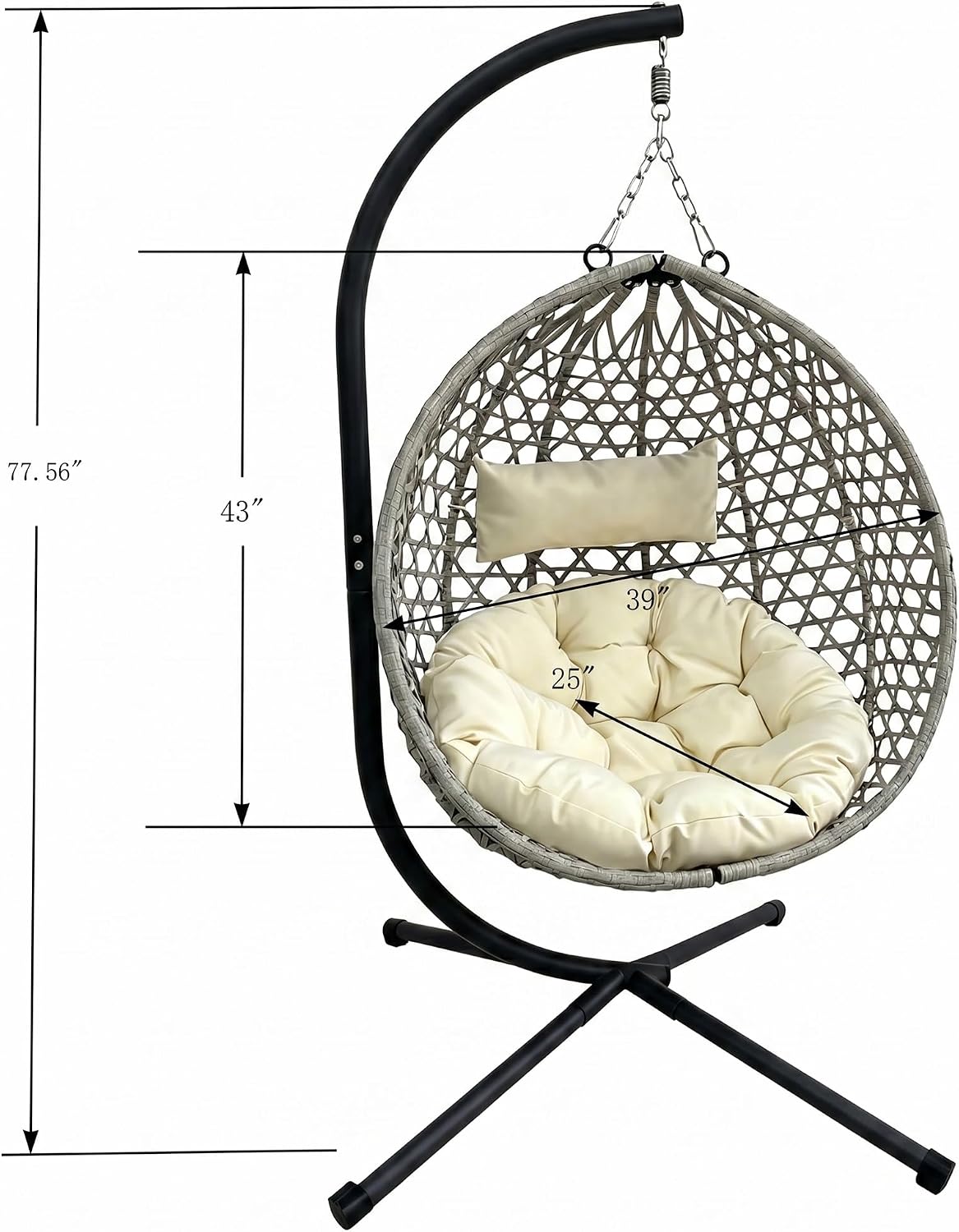 Folding PE Rattan Hanging Egg Chair with Stand, Indoor Outdoor Hammock Swing Basket Chair, Aluminum Steel Frame, 350LBS Capacity for Patio Balcony Backyard Bedroom(Beige+Grey)