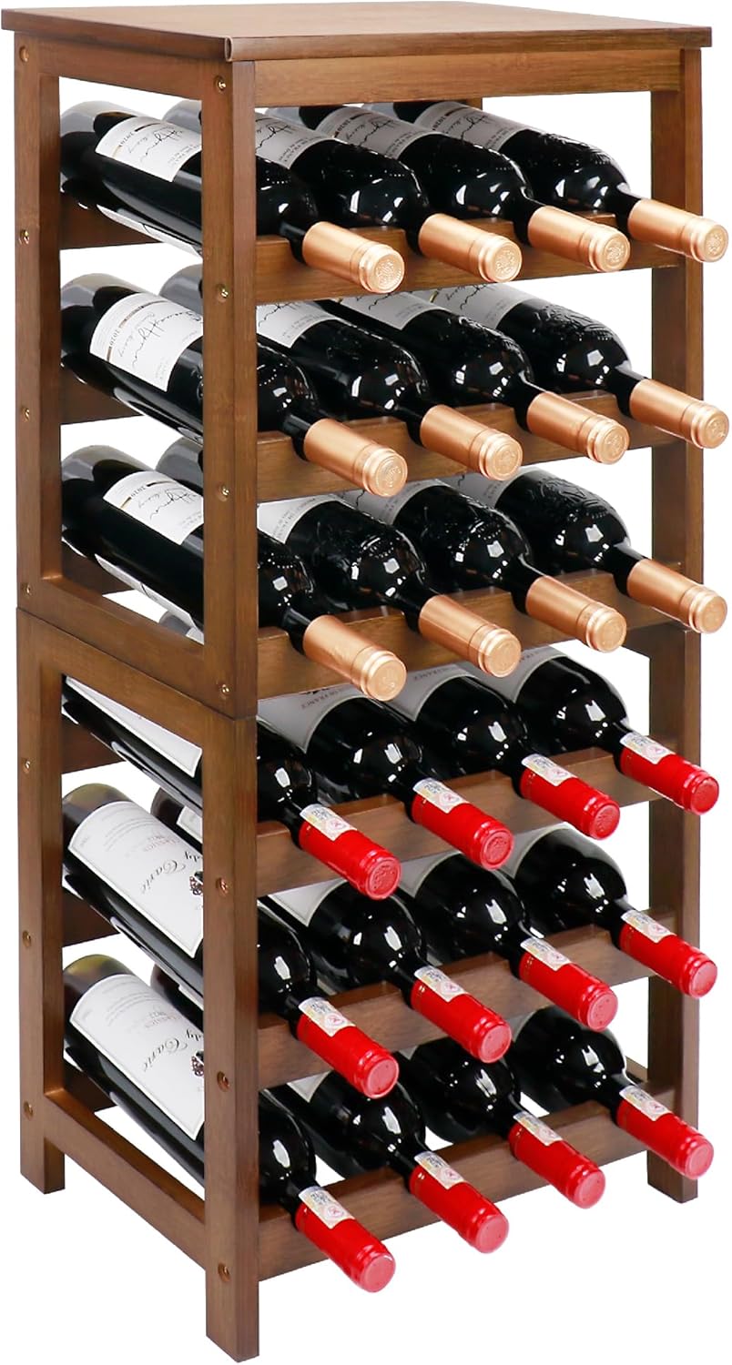 Wine Rack Free Standing Floor, 6-Tier 24 Bottles Display Wine Storage Shelves with Table Top, Easy-Assembly Freestanding Bamboo Wine Racks for Kitchen Dining Room Bar, Walnut