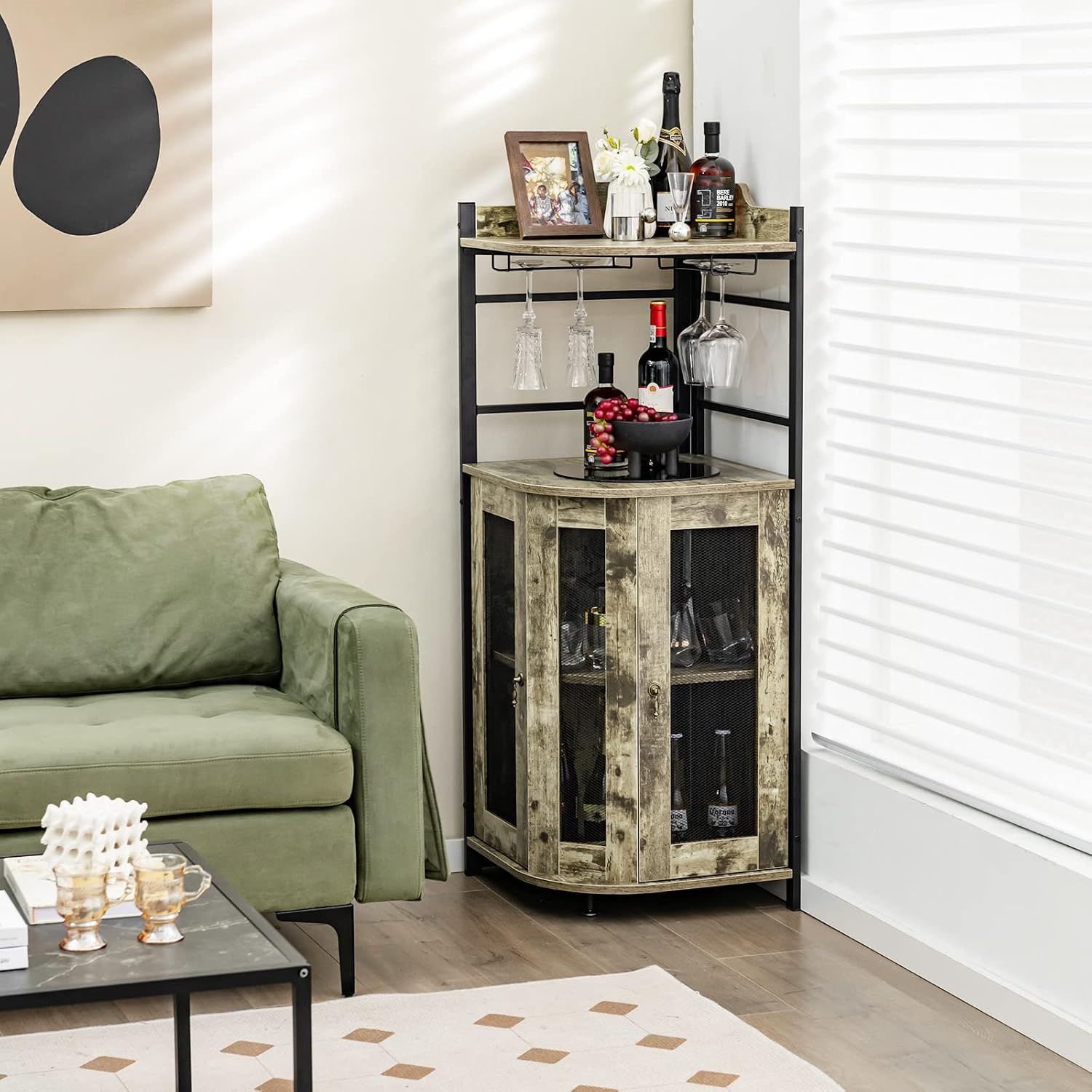 Giantex Corner Bar Cabinet with Glass Holder, Industrial Wine Cabinet with Metal Mesh Doors & Adjustable Shelf, Buffet Cabinet with Anti-tip Kit for Home Kitchen Dining Room Bistro