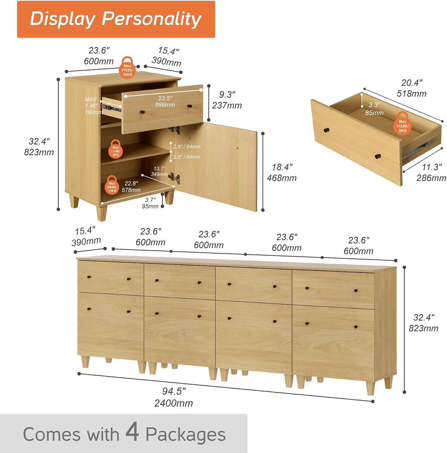 WAMPAT Large Sideboard Buffet Cabinets with Drawers and Doors for Dining Room, 94.4" Wide 4-in-1 Modern Oak Wood Credenza Console Tables with Adjustable Storage Shelves for Kitchen, Living Room