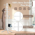 Wooden Coat Rack Freestanding with 12 Hooks 3 Adjustable Heights，Standing Coat Rack Tree for Hat and Coat Rack for Small Spaces Entryway,Office,Bedroom,White