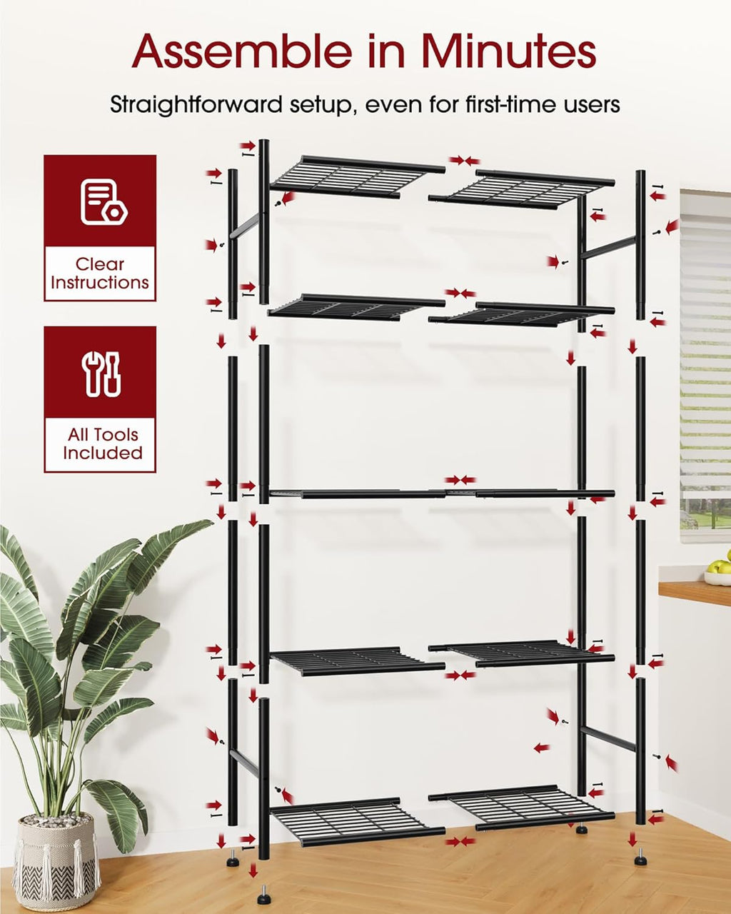 Sakugi Storage Shelves - 5-Tier Metal Storage Shelves with Wall Anchoring Kit & Leveling Feet, Sturdy Steel Shelf Organizer for Kitchen, Laundry Room, Bathroom, 23.6" x 13.7" x 59", Black