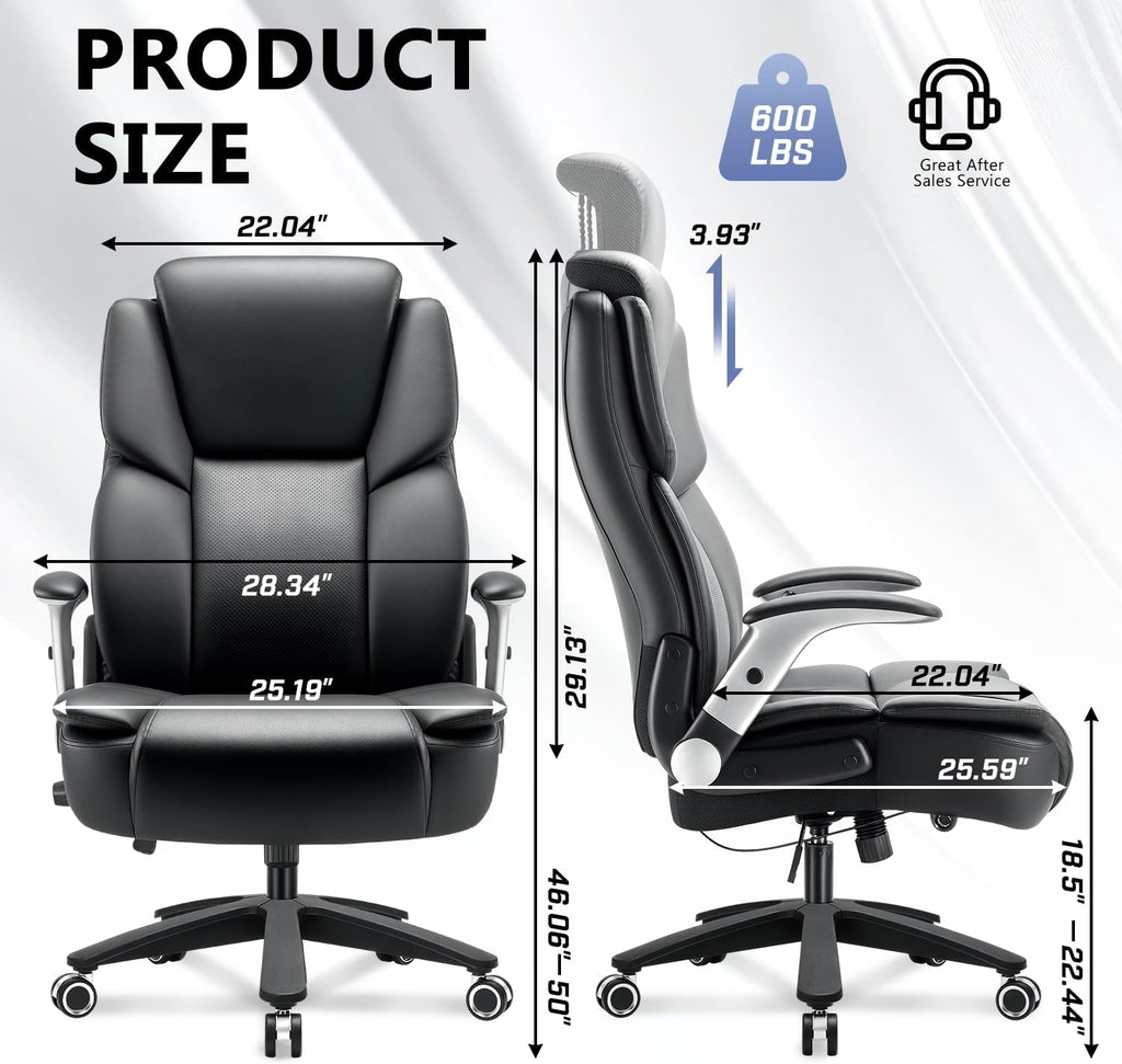 600lbs Big and Tall Office Chair, Heavy Duty Executive Desk Chair for Heavy People, Extra Wide PU Leather Computer Chair with 4" Adjustable Headrest & Air Lumbar Support