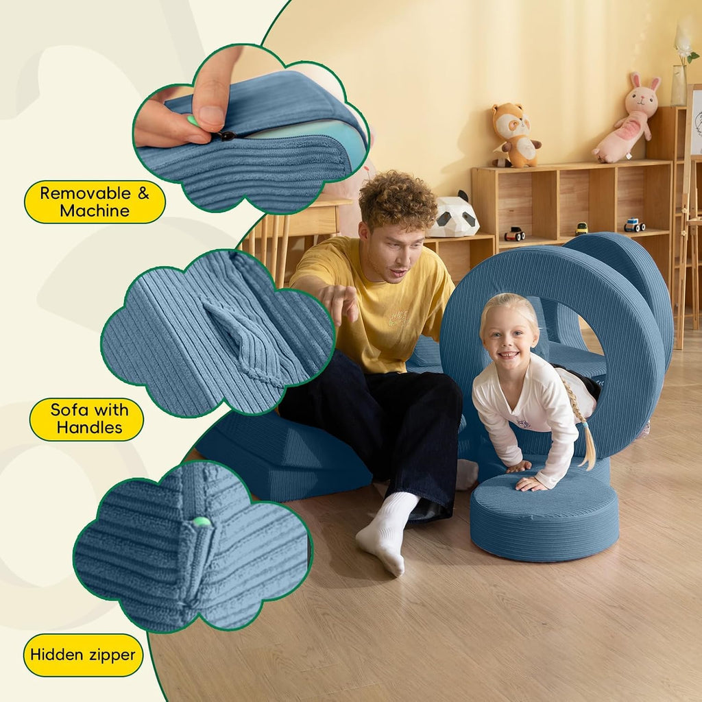 Frolic & Fun 16Pcs Modular Kids Play Couch for Toddlers, Fold Out Kids Couch Building Fort for Playroom Bedroom, Kid Convertible Explorer Sofa Cushions for Boys & Girls Navy Blue
